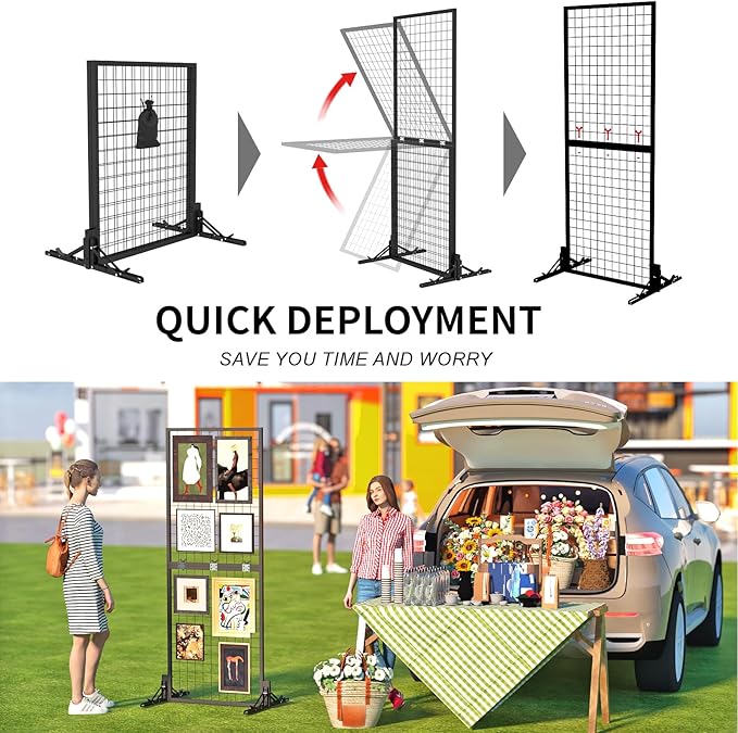 Grid Wall Display Panel Heavy-Duty Foldable, 2ft x 6ft Black Wire Wall Grid 1-Pack with 10 Hooks, Spring-Loaded Pins( Flat Base) for Retail Display Racks,Vendor Booth Display Stand, Trade Exhibits