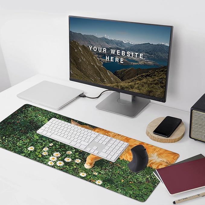 Cozy Cat Large Mouse Pad, Grass Daisy Gaming Desk Mat, XXL Keyboard Desk Pad Mat for Desktop, 35.4"x15.7" Non-Slip Base Big Mousepad with Stitched Edges