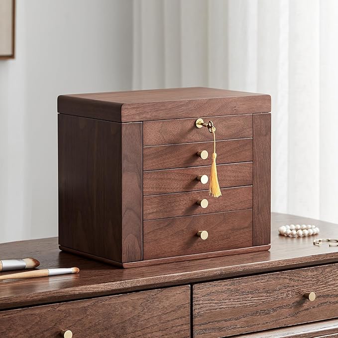 CHOSIN Black Walnut Wooden Jewelry Box for Women with Mirror, 5 Drawers and 2 Side Doors for Watches, Necklaces, Rings, Earrings Storage Christmas Gifts