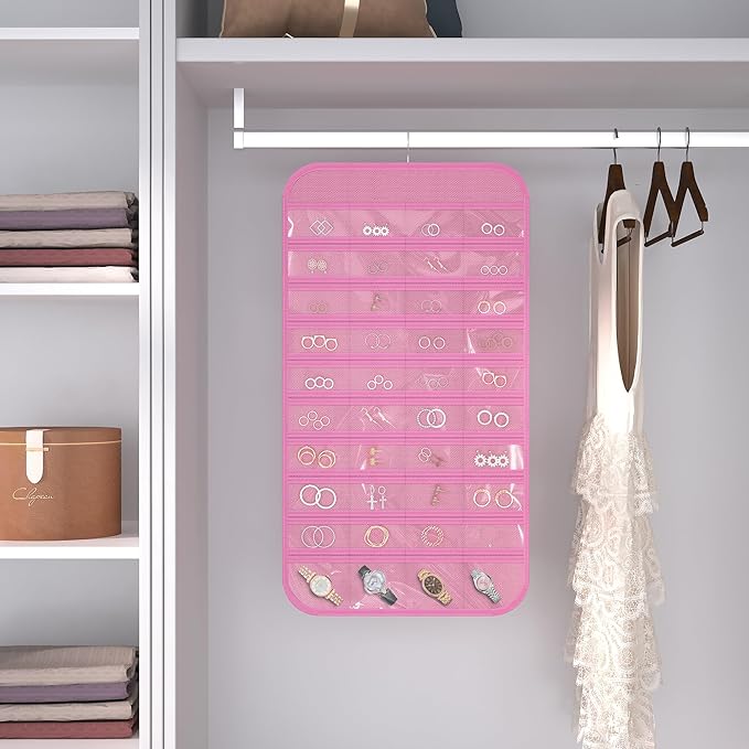Hanging Jewelry Organizer Storage, 40 Pockets 36 Hooks Necklace Earring Necklace Bracelet Ring Organizer, Double - Sided Design, Pink