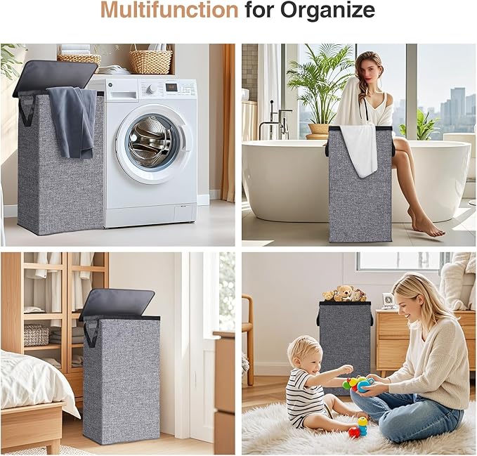 Collapsible Laundry Hamper with Lid 100L, Large Laundry Basket with Removable Mesh Bag for Bedroom, Bathroom,Closet, Dorm(Grey)