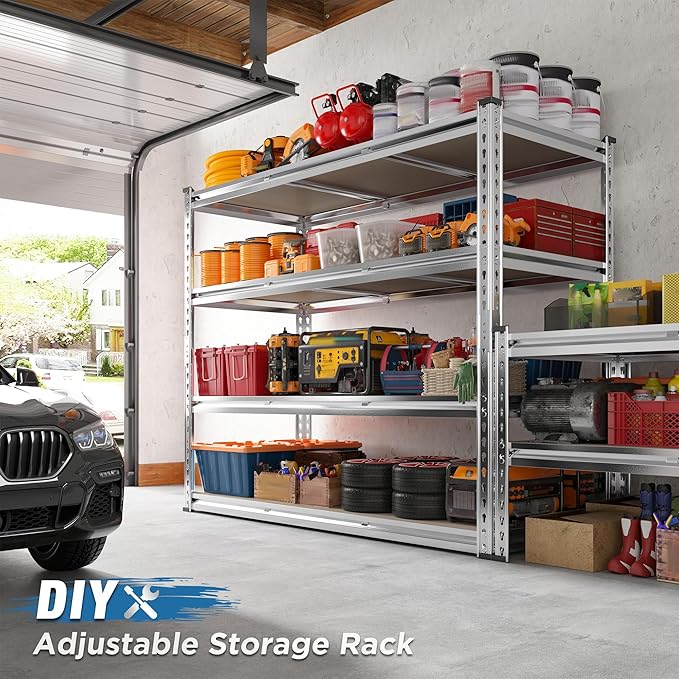 REIBII Garage Shelving, 4 Tier Storage Shelves Load 2000LBS, Adjustable Garage Shelving Heavy Duty, Metal Shelves Unit for Basement, Warehouse, 48" W x 60" H x 18" D, Galvanized