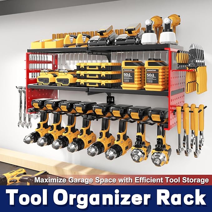 Power Tool Organizer Wall Mount, 300Lbs Load 3 Layer Heavy Duty Metal Tool Shelf with 8 Drill Holders, Garage Workshop Storage for Cordless Tools Batteries Screwdrivers(Red)