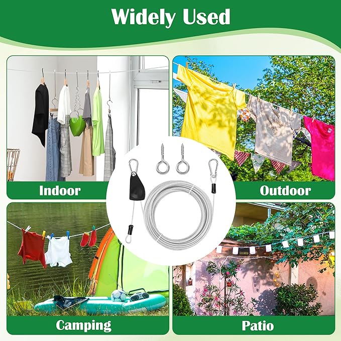 40 FT Clothes Line Outdoors, Anglecai 3/16" Retractable Wire Clothes Ropes PVC Coating Laundry Clothesline with Retractor for Outdoors Camping