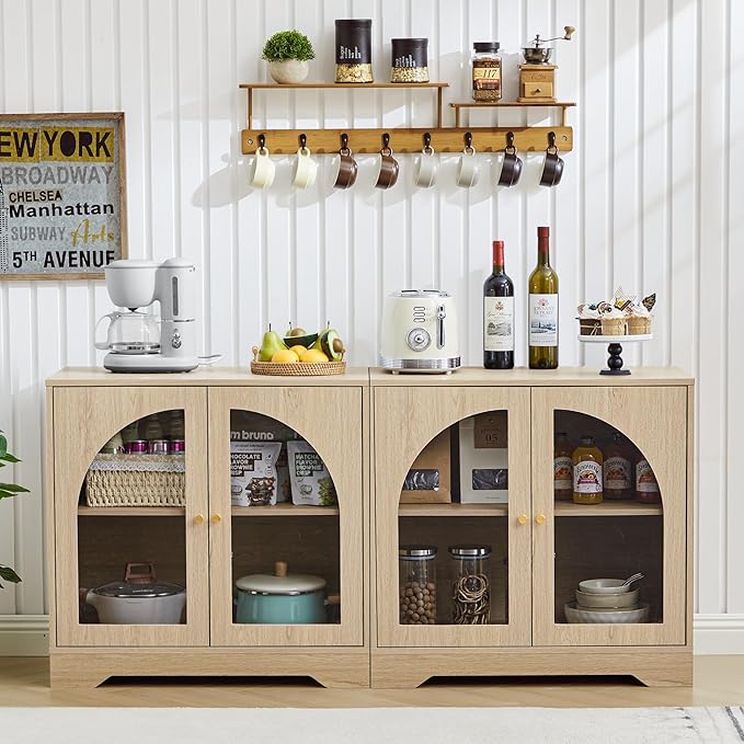 Farmhouse Floor Storage Cabinet with Arched Acrylic Door, 27" Short Accent Display Sideboard Buffet Cabinet with Adjustable Shelf for Living Room, Bathroom, Kitchen Coffee Bar (Natural)