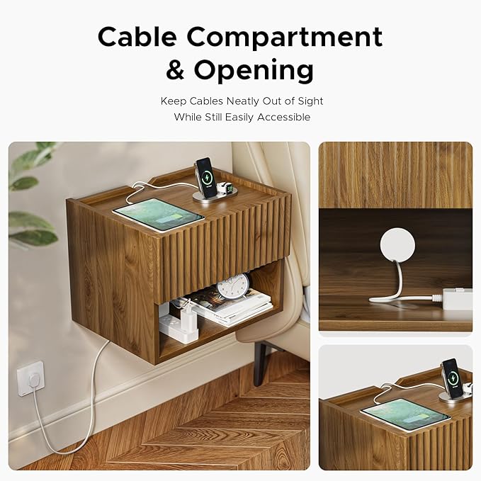 Floating Nightstand Bedroom Bedside Table - Floating Night Stand Set 2 for Small Spaces, Wall Mounted Cabinet with Storage Drawer, Brown Modern Night Stand for Dorm Hallway Entryway