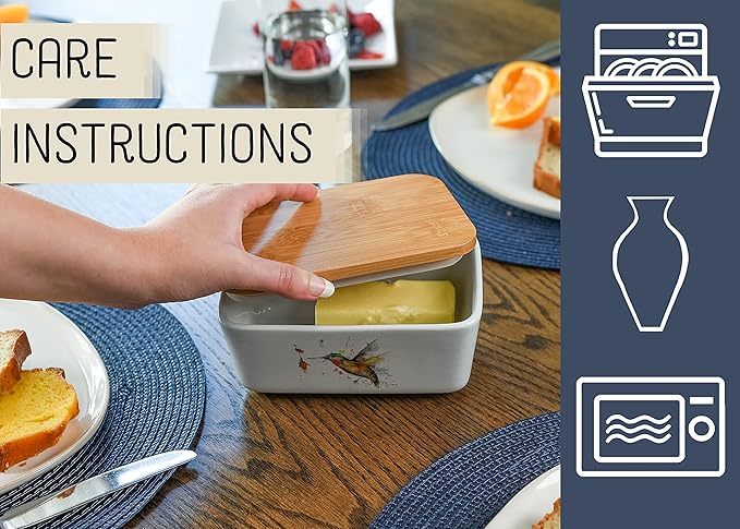Nat & Jules Dean Crouser Ceramic Stoneware 1/2 Pound 2 Sticks Butter Dish Airtight Bamboo Lid Kitchen Accessory, Container Holder, Refrigerator Storage, Countertop Organization, Watercolor Hummingbird