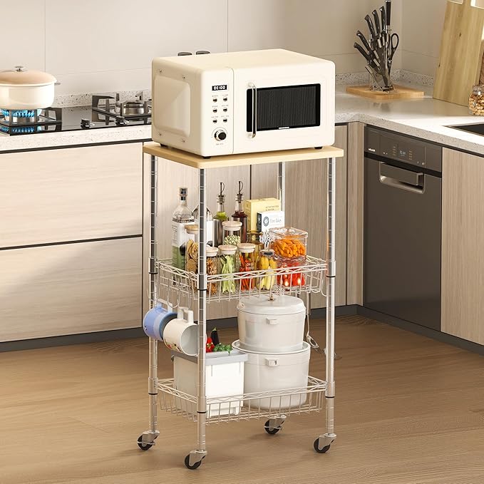Homeiju Rolling Kitchen Storage Cart, 3-Tier Storage Rack on Caster Wheels with Adjustable 2 Baskets, Coffee Station Cart Rack Shelf Organizer for Living Room Office, Balcony, Chrome/Silver