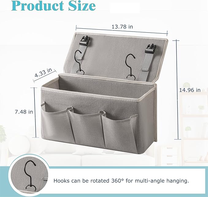 Bedside Caddy/Bedside Storage Organizer Hanging Bag with Three Options,Suitable for home beds, sofas, and dormitory beds—can hold magazines, books, phones, iPads, remote controls. (Gray)