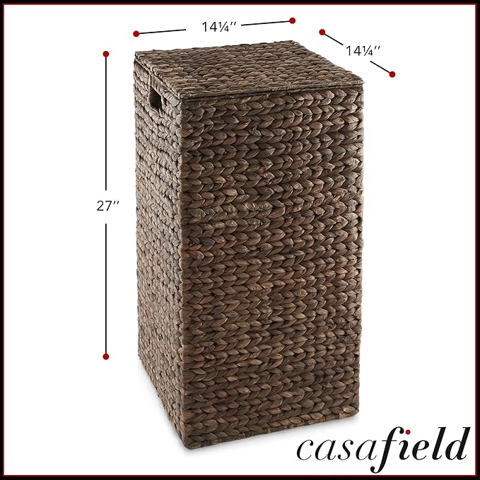 Casafield Laundry Hamper with Lid and Removable Liner Bag - Espresso Dark Brown, Woven Water Hyacinth Square Laundry Basket Sorter for Clothes, Towels