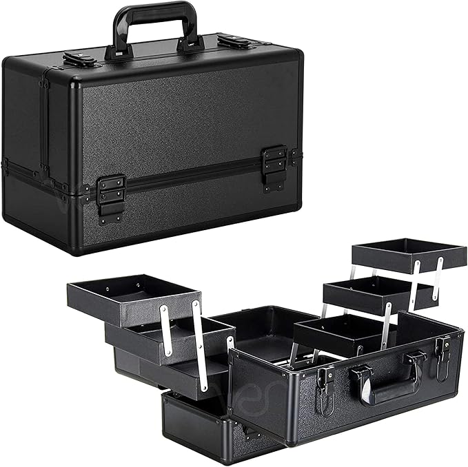 Ver Beauty Makeup Organizer, Cosmetic Travel Kit, Makeup Artist Supplies, 6-Tier Lockable Storage Box, Makeup Train Case, Aluminium Case, Lightweight & Portable Makeup Vanity (Black)
