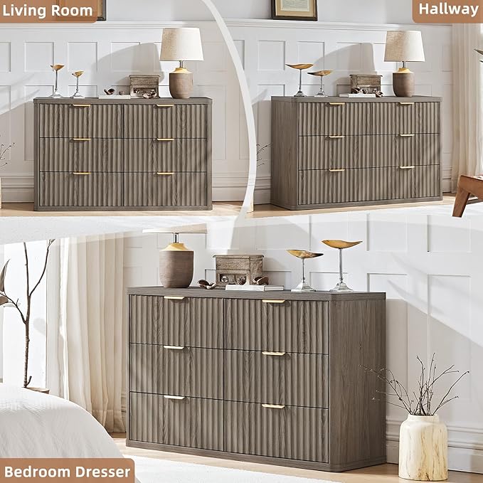 LEYAOYAO Fluted 6 Drawers Dresser, 48" Wide Modern Chest of Drawers with Wood Grain Top, Curved Profile Design, Dresser TV Stand, Wood Drawer Organizer for Bedroom, Living Room, Hallway,Grey