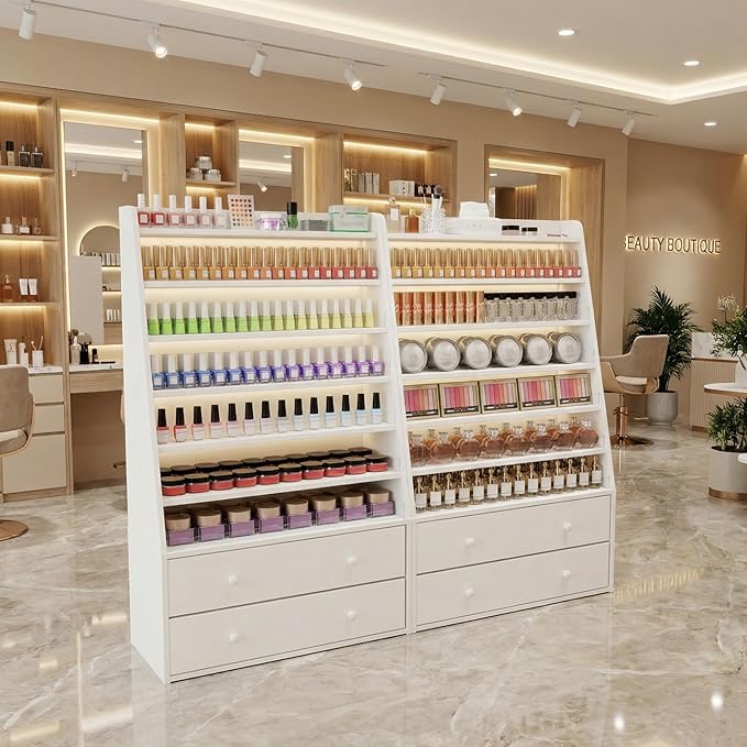 Nail Polish Rack with 2 Drawers, Salon Display & Storage Cabinet with Acrylic Baffle, Holds 700+ Bottles of Polishes, Essential Oils & Perfumes, Suitable for Nail Salon & Beauty Store, White