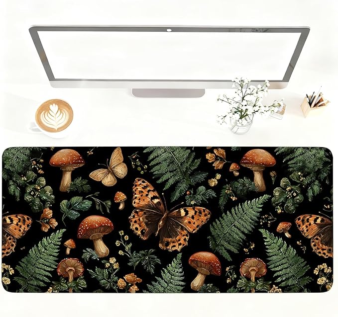 Vintage Butterfly Mushroom Mouse Pad – Large Extended Desk Mat 35.43 x 15.75 in – Dark Forest Aesthetic with Ferns & Fungi, Waterproof Surface, Non-Slip Rubber Base, Keyboard & Mouse Pad