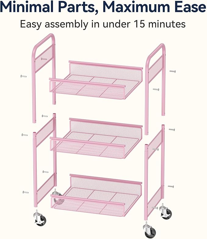 YASONIC 3 Tier Rolling Cart – Metal Utility Storage Cart with Wheels, Craft Cart Organizer with Hanging Cups, Hooks, Mesh Basket for Bedside Kitchen Office Art, Pink