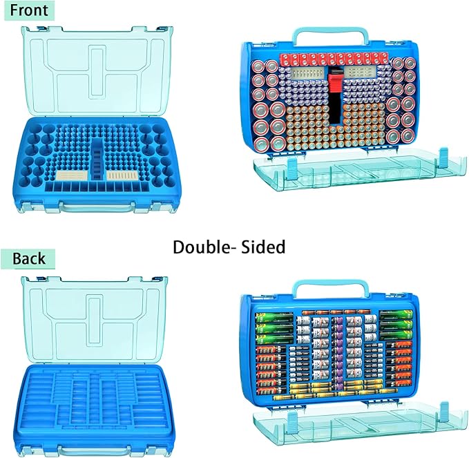 ALCYON Large Capacity 269 Battery Organizer Storage Case with Tester, Double-Side Battery Holder Container for AA AAA AAAA C D 9V Lithium 3V CR123 CR1632 18650 Batteries(Box Only) (Blue)