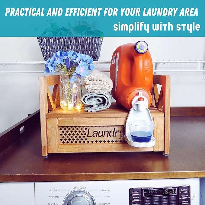 Farmhouse Wooden Laundry detergent stand - Besuerte Detergent Holder Station Shelf for Laundry Room - Laundry Organizers and Storage-Liquid Detergent Dispenser Holds Two Tubs, Brown