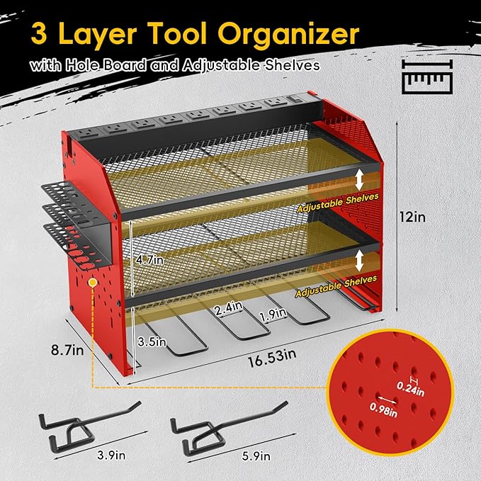 Power Tool Organizer Wall Mount with Charging Station, Drill Holder, Adjustable Layers, Heavy Duty Garage Tool Organizer Storage with 8 Outlet Power Strip, Christmas Gifts for Men, Dad, Husband
