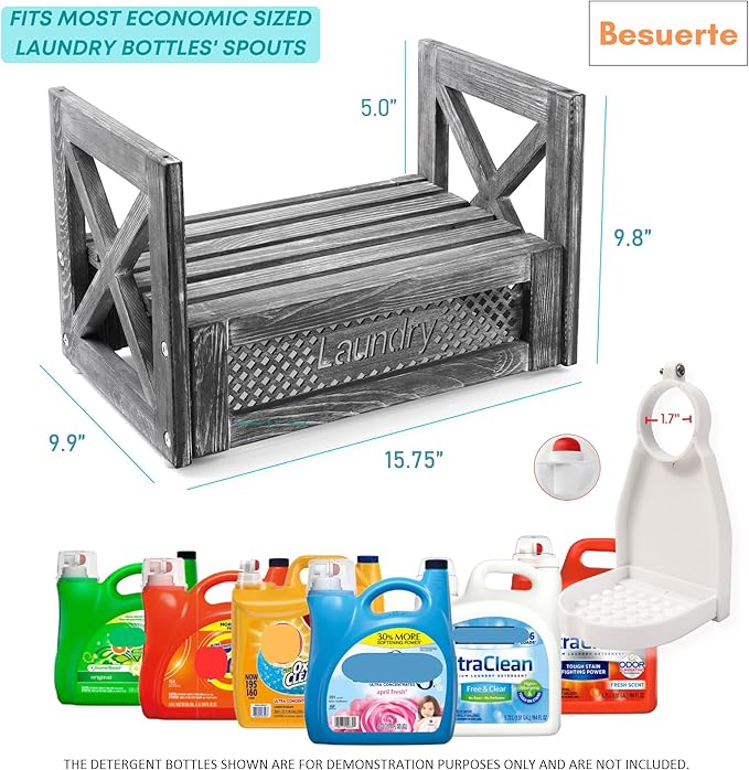 Besuerte Laundry Detergent Holder, Farmhouse Wooden Laundry Station Dispenser Storage Space Holds Liquid Detergent Tub and Fabric Softener Tub, Rustic Grey