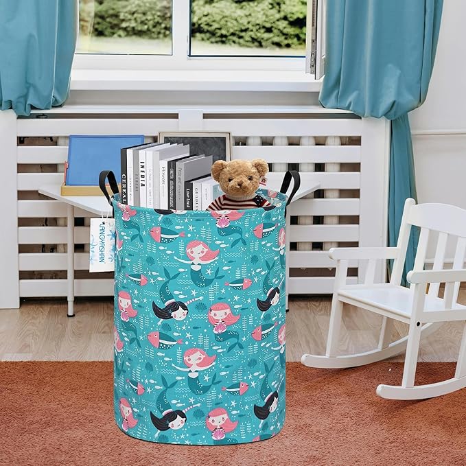 LANGYASHAN Storage Bin, Canvas Fabric Collapsible Organizer Basket for Laundry Hamper,Toy Bins,Gift Baskets, Bedroom, Clothes,Baby Nursery (Round Mermaid)