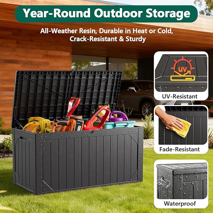 Outdoor Storage Box,100Gallon Deck Box Outdoor Storage Bench Outside Waterproof Resin Storage Bench, Lockable Patio Cushions, Garden Tools Storage For Furniture, UV Resistant(Ebony Black)