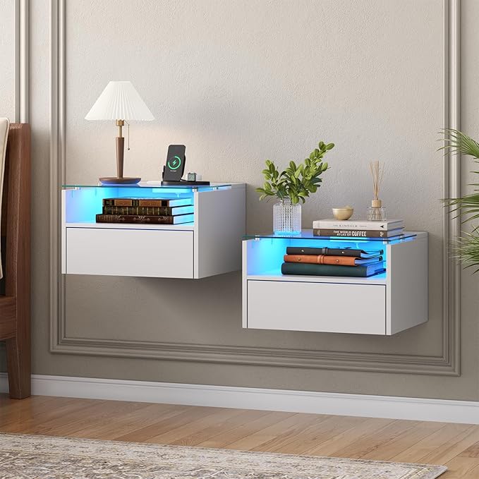 Loomie White Floating Nightstands Set of 2, 18.9” Bedside Table w/Charging Station and LED Light, Floating Shelf with Drawer, Wall Mounted Night Stand for Bedroom, Entryway Wall.