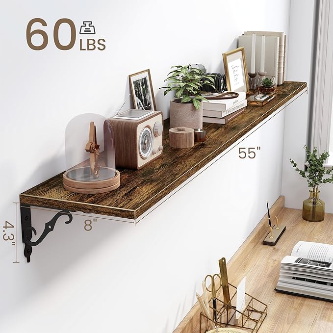 Fun Memories 55 Inch Floating Shelves, Long Floating Shelves Wall-Mounted, 8 Inch Deep Bookshelf with Bracket, 55" W x 8" D Shelves for Wall Display & Storage, Rustic Brown, Set of 2