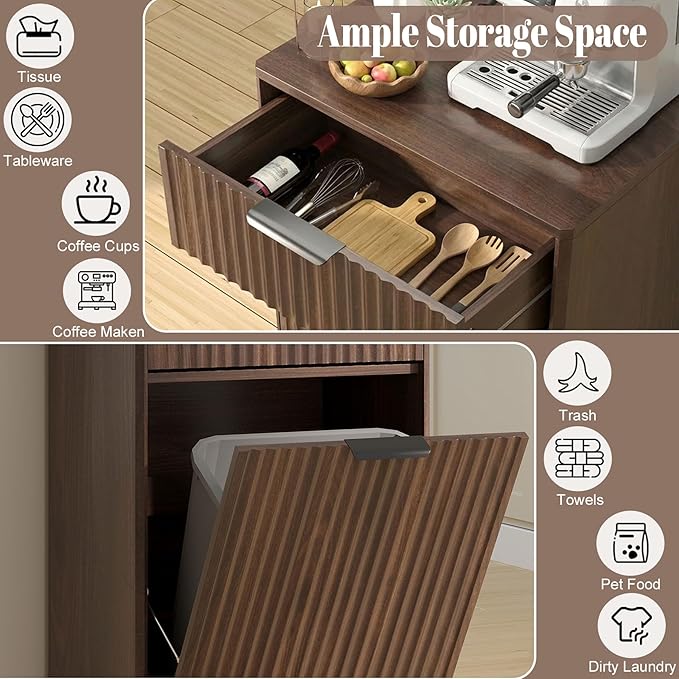 Tilt Out Trash Can Cabinet, Hidden Garbage Can Cabinet with Storage Drawers, Wave-Textured Front, 10 Gallon, Walnut