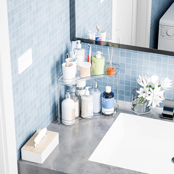 Yieac Clear Bathroom Counter Corner Shelf for Restroom and Vanity,2 Tier Bathroom Counter Organizer and Corner Sink Organizer,Two Tier Small Bathroom Sink Organizers & Stand for Makeup,Beauty Product
