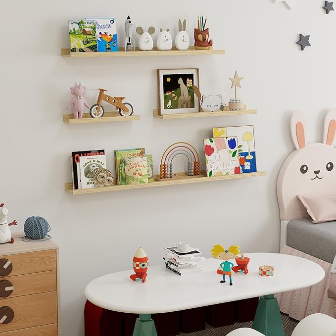 Fun Memories Picture Ledge Shelf, 16 Inch Long Floating Shelves Set of 6, Picture Shelf for Wall with Lip, Large Nursery Book Shelves for Storage, Wall Shelves for Living Room Bedroom Kitchen, Oak