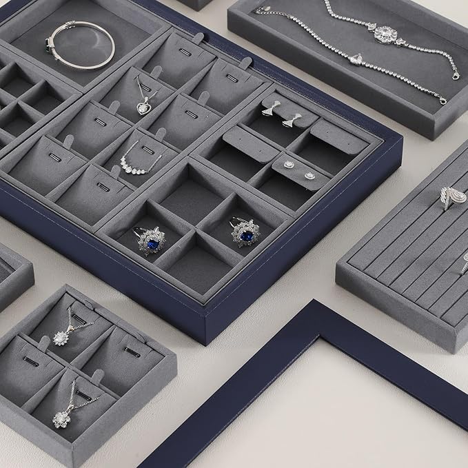 Dark Blue Jewelry Display Tray Ring Necklace Earring Bangle Organizer Multifunctional Storage Case for Jewelry Showcase (Small 4 Grids Tray)