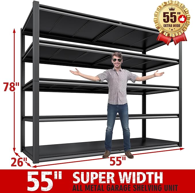 REIBII Garage Shelving 78" H, Storage Shelves Heavy Duty Shelving Unit Load 3000LBS, 5 Tier Adjustable Metal Shelves for Warehouse, Basement, Pantry, Factory, 55" W x 26" D x 78" H