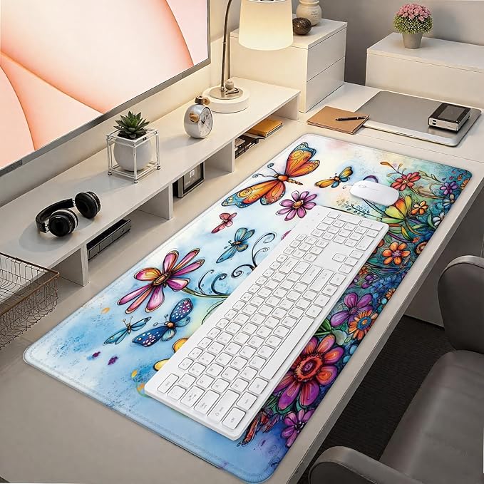 Vintage Hippie Floral Butterfly Large Mouse Pad 31.5x15.7inch, Retro Hippy Flower Butterfly Large Extended Computer Desk Mat Mousepad for Keyboard and Mouse, Flora Desk Accessories