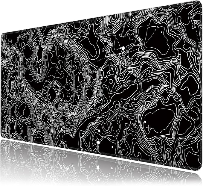 Black with White Topographic Line Large Mouse Pad,Gaming Keyboard Desk Pad,Extended Mouse Mat Non-Slip Rubber Base with Stitched Edges for Office Game Home XXL 35.4"x15.7"