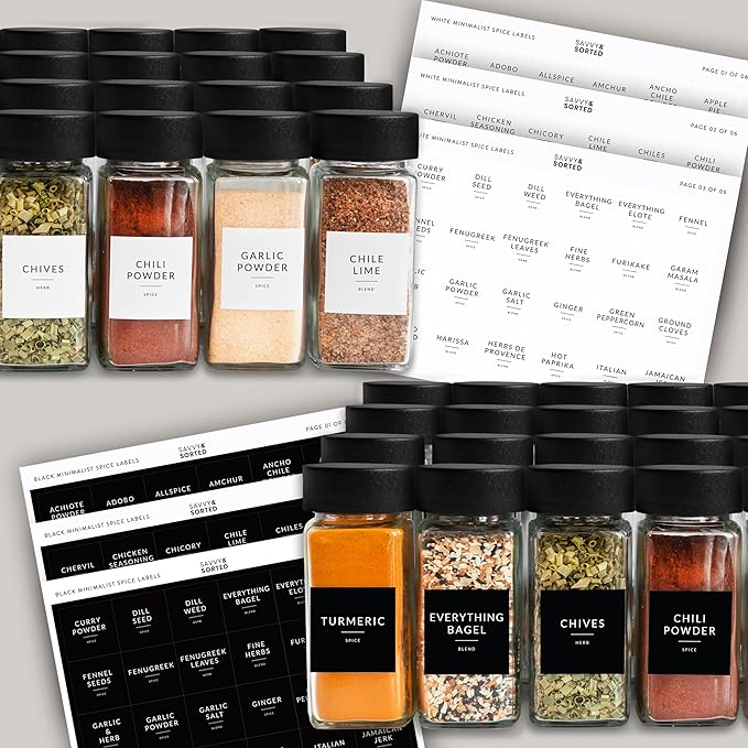 SAVVY & SORTED Glass Spice Jars with Label 24 PK - 4 Oz Spice Containers with 374 Minimalist Labels Stickers, Pepper Grinder Funnel Shaker Lids, Empty Square Seasoning Rack Organizer