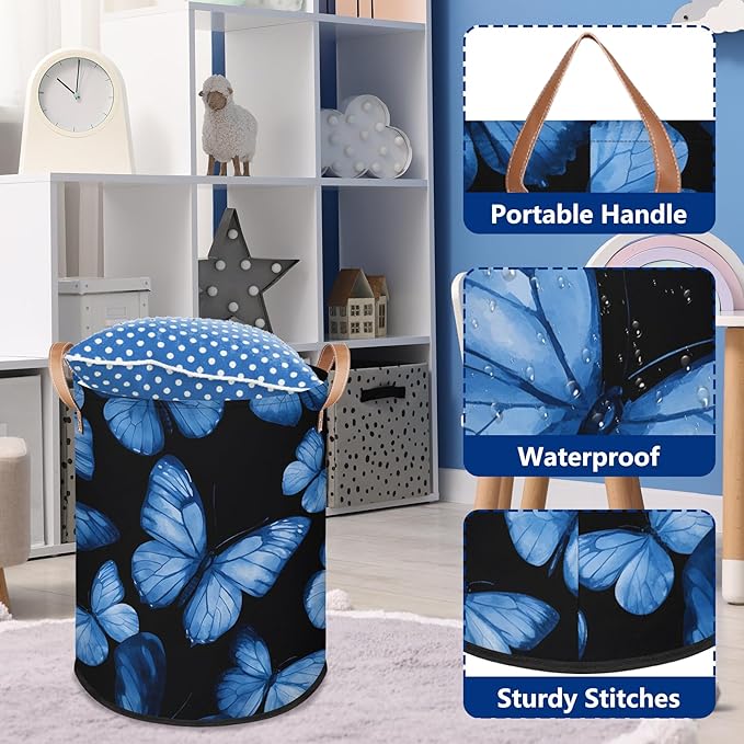 Foldable Laundry Hamper with Elegant Blue Butterfly Pattern - Collapsible Storage Basket for Bedroom, Portable Organizer for Blankets, Toys, Clothes