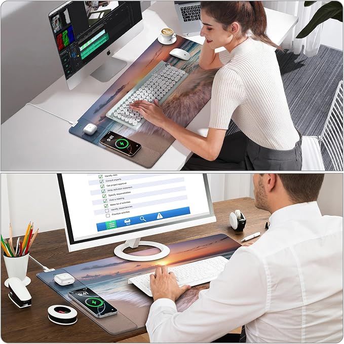 Wireless Charging Mouse Pad, 31.5"x15.8" Large Gaming Desk Mat for Keyboard/Laptop, Waterproof Ultra-Smooth Surface, Non-Slip Base, with 20W PD Adapter, Beach Sunset