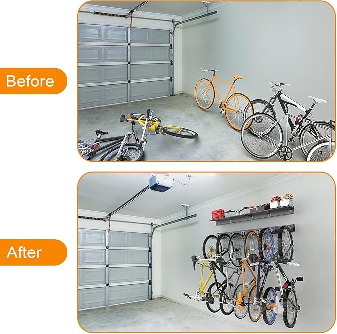 TORACK Bike Storage Rack with Shelf, 6 Bikes Hangers for Garage, Space Saving Bike Rack Wall Mount, Holds Up to 600 LBS