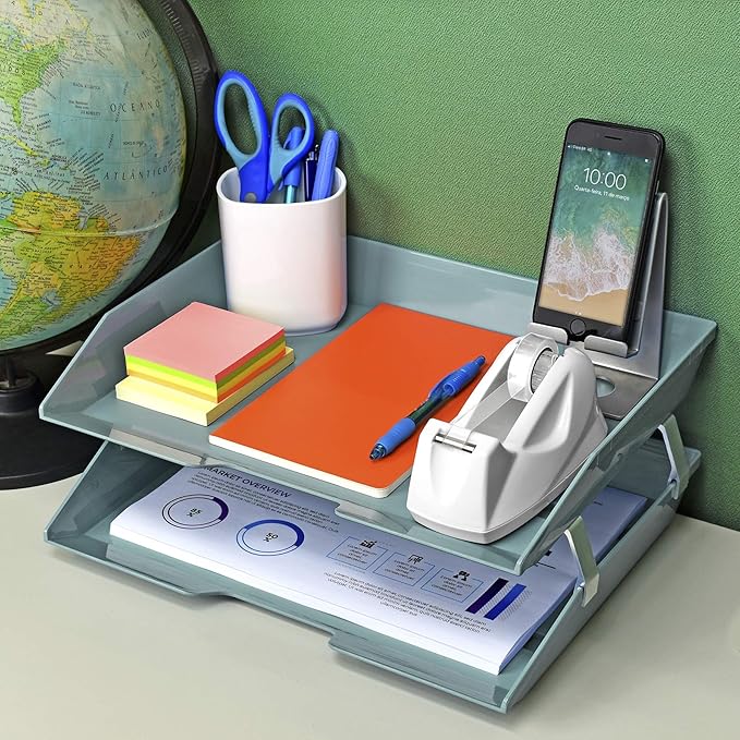 Acrimet Facility 2 Tier Letter Tray, Side Load, Letter Size/A4, Desktop File Organizer, Plastic (Solid Green Color)