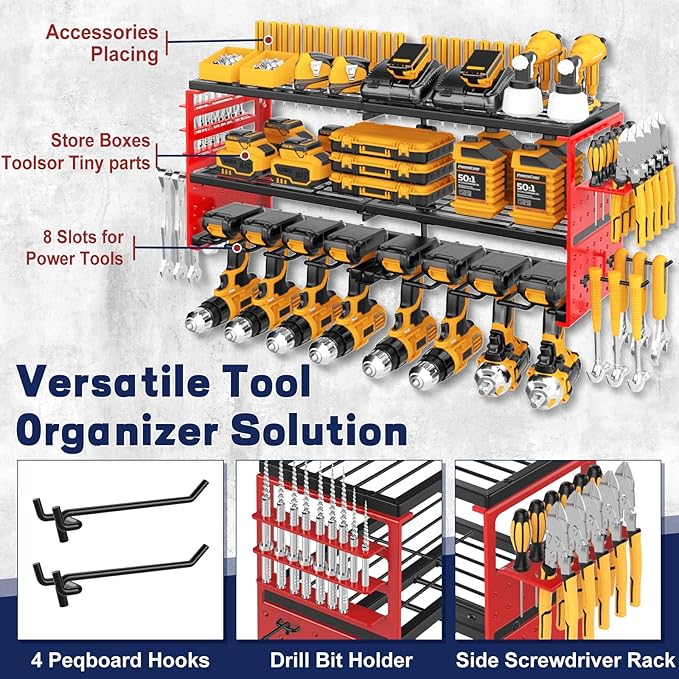 Power Tool Organizer Wall Mount, 300Lbs Load 3 Layer Heavy Duty Metal Tool Shelf with 8 Drill Holders, Garage Workshop Storage for Cordless Tools Batteries Screwdrivers(Red)
