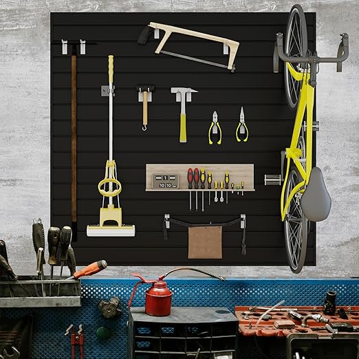 Slatwall Panel 4 FT x 4 FT, Interlocking Slat Wall Paneling, Wall Mounted PVC Wallpanel, Suitable for Garage Storage and Organizer, Slatwall Board, Shelves - Black