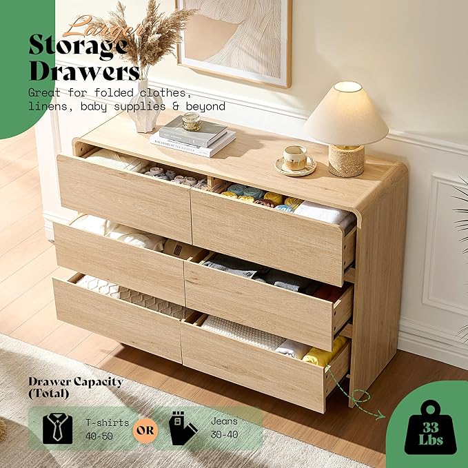 AMERLIFE 6 Drawer Dresser for Bedroom, 49" Long Modern Chest of Storage Drawers with Rounded Corners, Anti-Tip Kit, Wood Cabinet Organizer for Closet, Apartment, Nursery, Easy Assembly, Light Oak