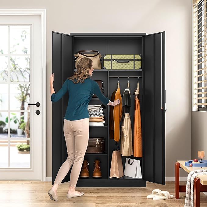 Wide & Deep Metal Storage Cabinet with Hanging Rod,Black Broom Closet Storage Cabinet with Lock,72" Tall Wardrobe Cabinets with Doors and Shelves,Locking Steel Tool Cabinets for Home,Office,Garage