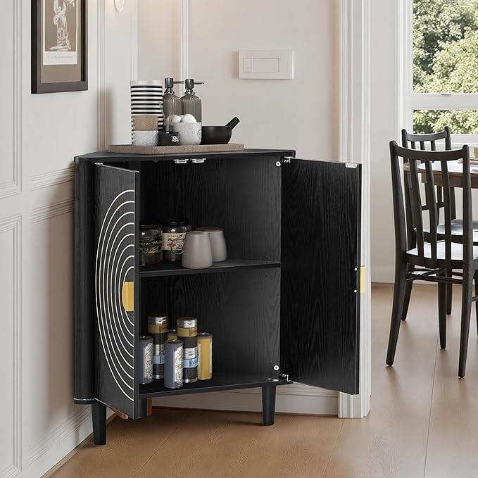 Small Corner Storage Cabinet, Modern Freestanding Floor Cabinet with Magnetic Door Lock and Adjustable Shelves, Small Space Corner Table for Bathroom, Kitchen, Dining Table, Living Room, Black
