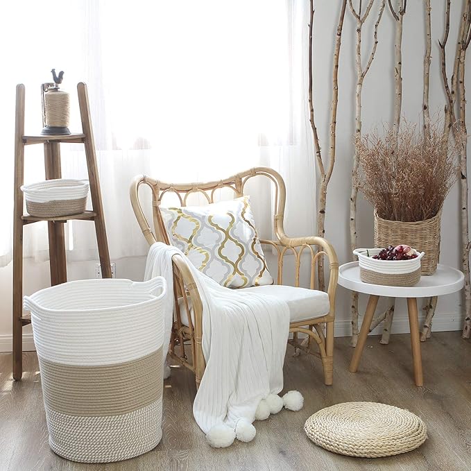 Sea Team Large Size Cotton Rope Woven Storage Basket with Handles, Laundry Hamper, Fabric Bucket, Drum, Clothes Toys Organizer for Kid's Room, 20 x 14 inches, Round Open Design, White & Mottled Khaki