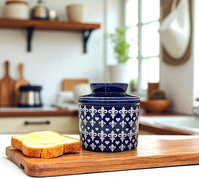 Butter Crock with Lid for Countertop, Butter Keeper Crock with Water, French Butter Dish Ceramic, Butter Holder with Lid for Spreadable Butter, Butter Container for Counter (Blue Fleur, Navy)
