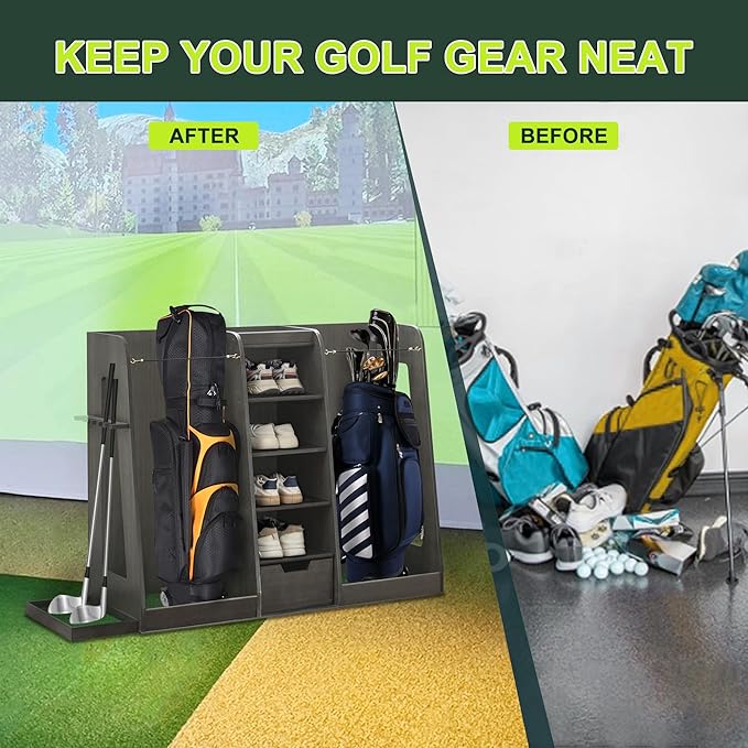 Golf Bag Organizer Storage Rack Large Wooden for 2 Bags, Golf Club Stand Holder with Drawer, Sports Equipment Rack for Garage, Practice Room, Home or Office