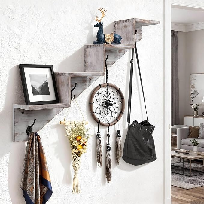 Coat Rack Wall Mount with Shelf, White Ladder Shelf with Hooks Underneath, Wall Mounted Rise Wooden shelves for Decorative, 4 Double Hooks for Hanging Coats, Keys, Books, Flowers, Planter, Towels