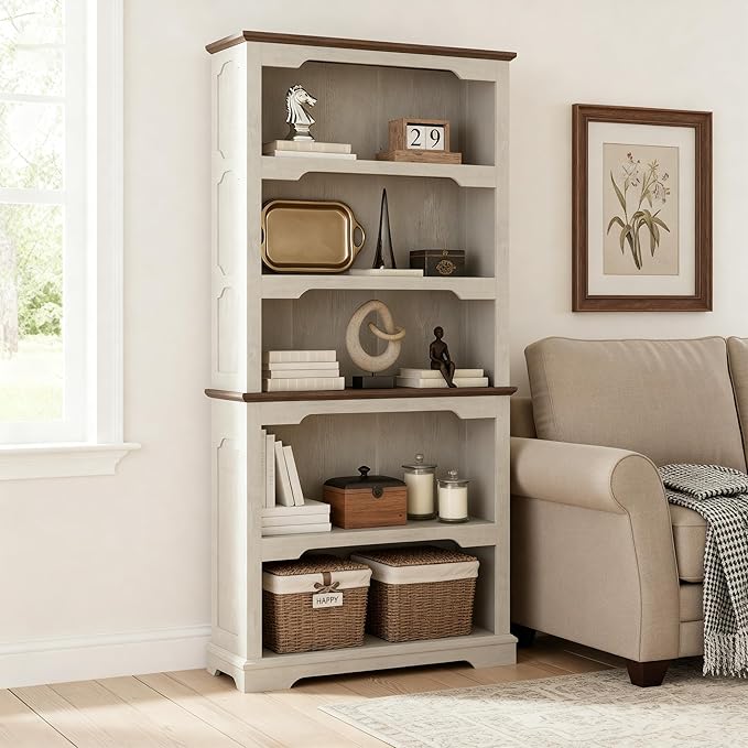 70 Inch Farmhouse Bookcase, Distressed White and Walnut Two-Tone Shelves, 5 Tier Bookshelf with Arched Trim, Living Room Storage Cabinet Unit, 31.5x11.8 Inches (Off White & Walnut, Open Shelf)