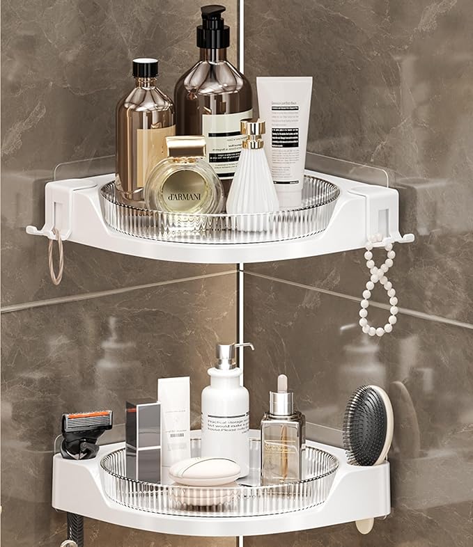 360 Rotating Makeup Organizer Spinning Bathroom Organizer 1 Pack Corner Storage Organizer with Hooks for Perfume Lotion Skincare Organizer Countertop Kitchen Storage(Clear)